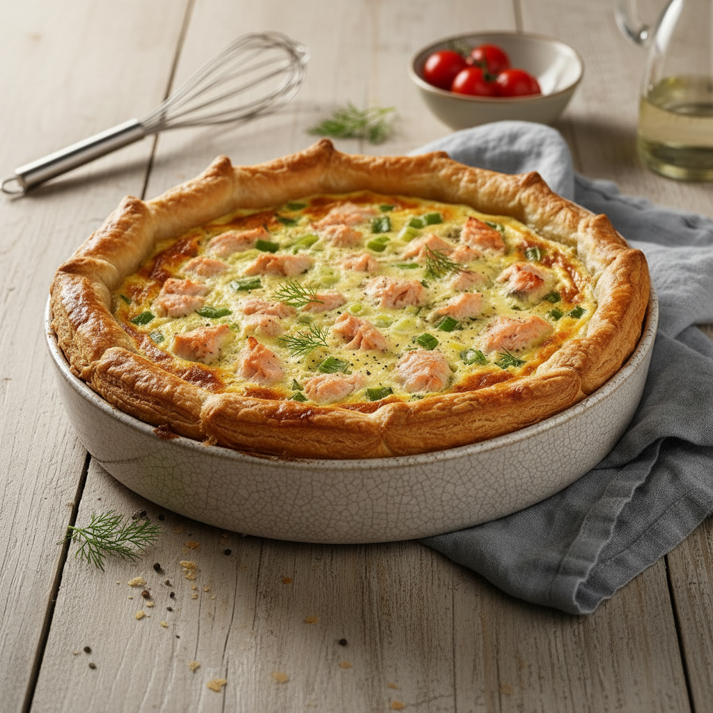 A baked salmon and green pepper quiche in a round ceramic dish, set on a rustic wooden table with a gray cloth, a whisk, and fresh herbs.